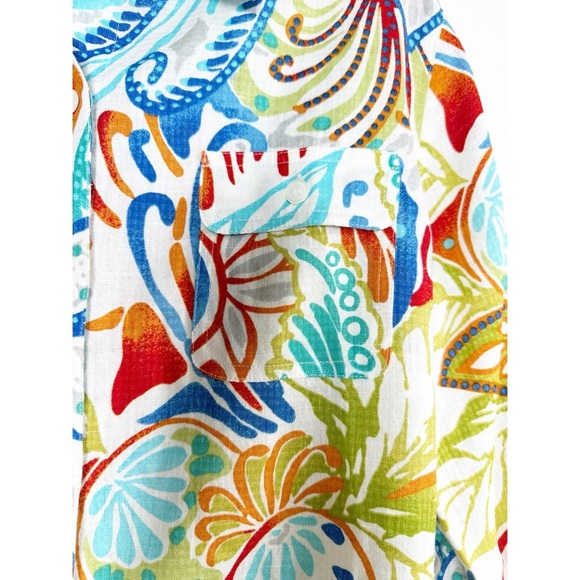Chico’s Linen Blend Tunic Top Size 1 (Medium) Tropical Print Button Front Resort - Picture 3 of 7